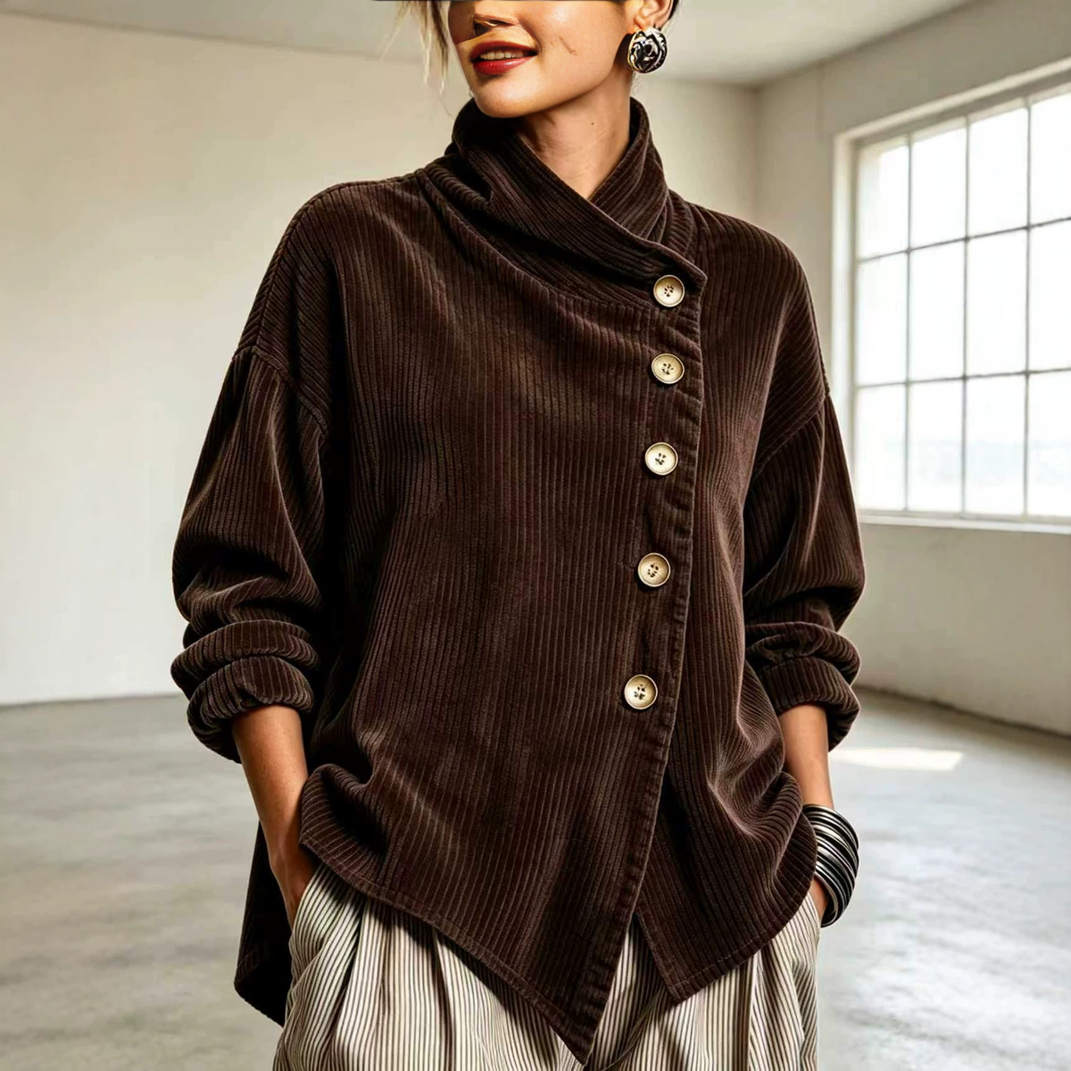 🌿🌿LAST DAY SAVE 49%🔥Chic High Funnel Neck Asymmetric Corduroy Top