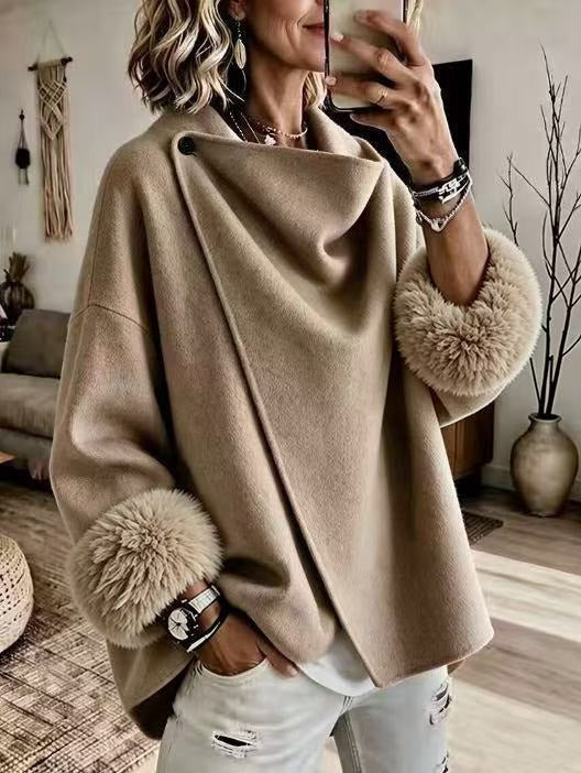 🌿🌿LAST DAY SAVE 49%🔥Cozy Faux Fur Cuff Asymmetric Wool-Blend Jacket