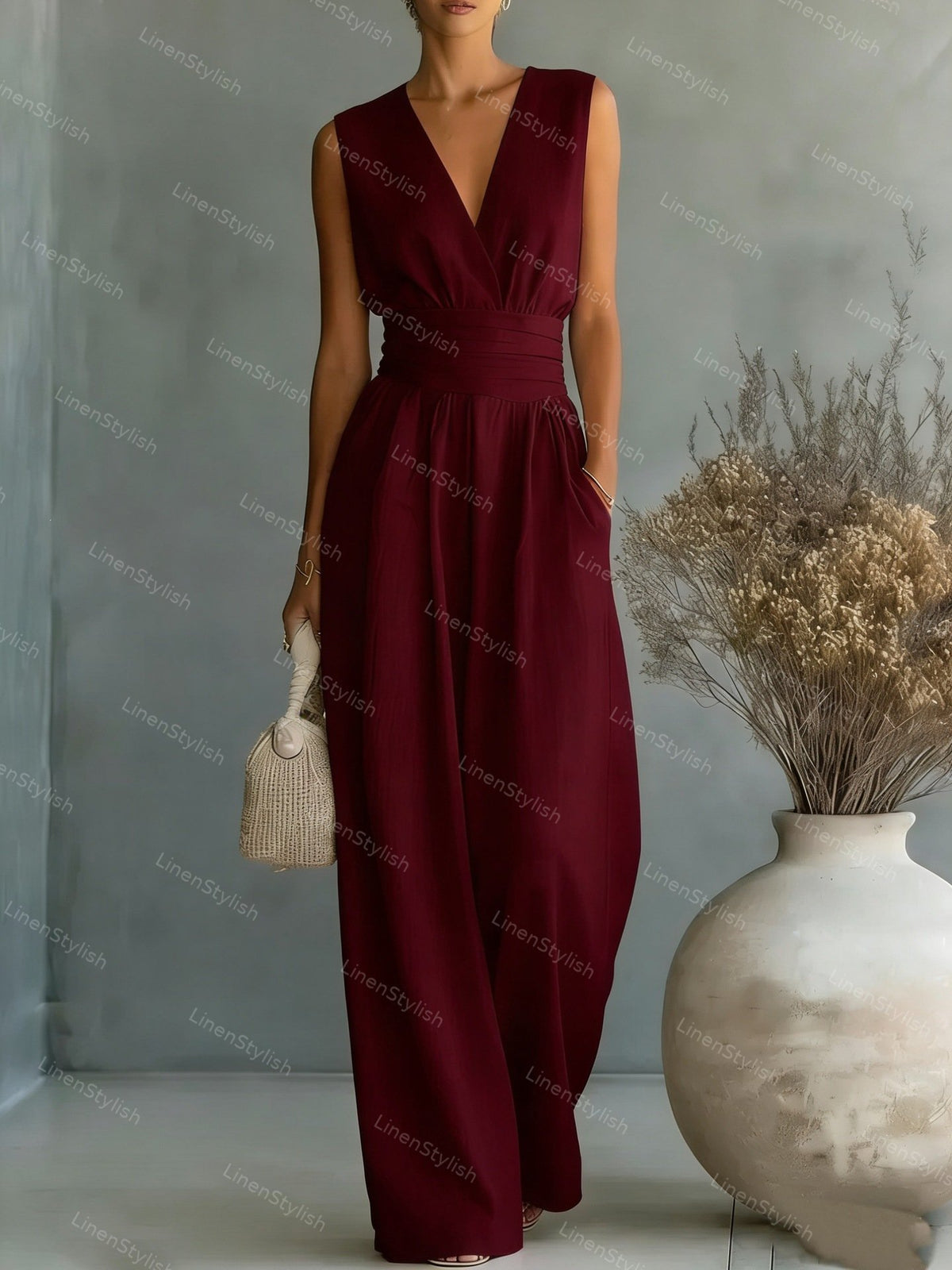 Elegant Sleeveless Waist V-neck Jumpsuit