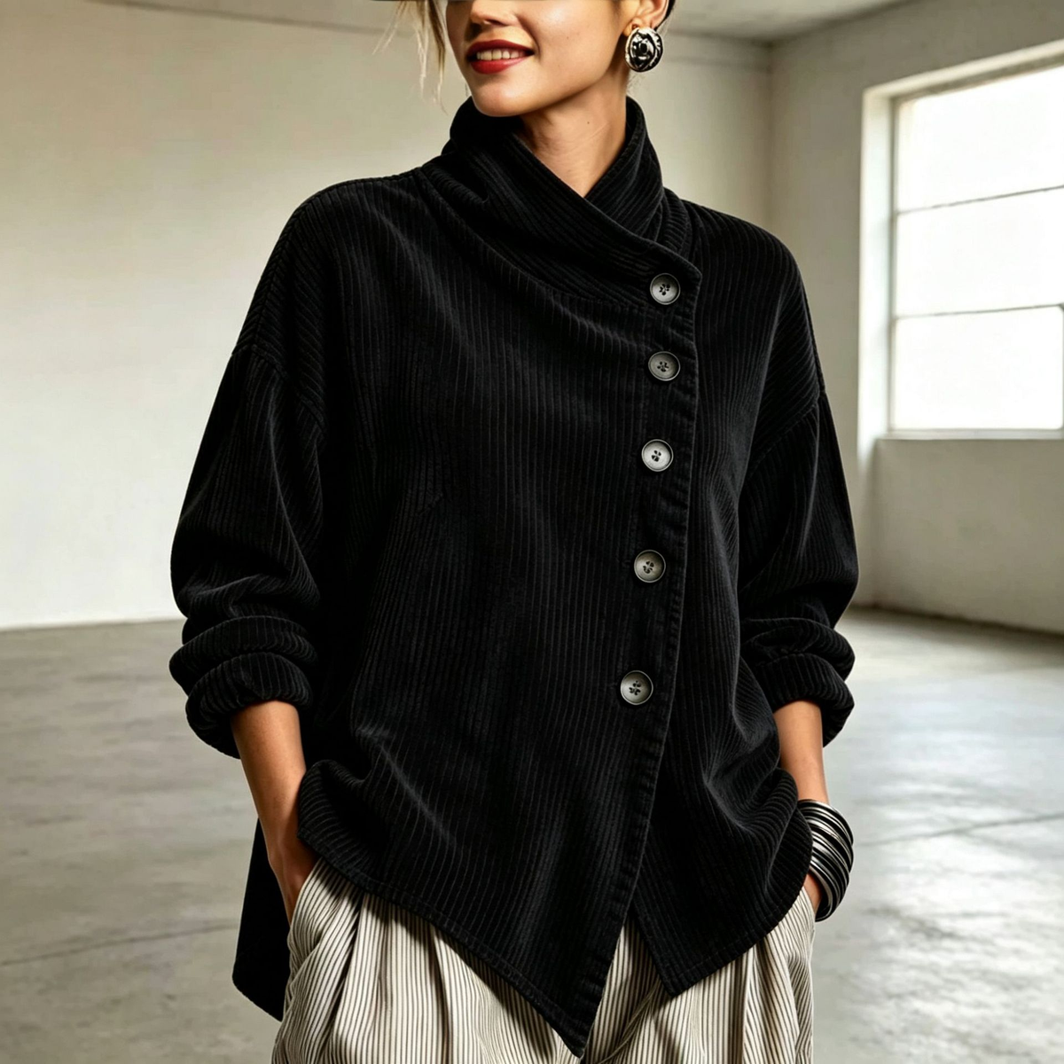 🌿🌿LAST DAY SAVE 49%🔥Chic High Funnel Neck Asymmetric Corduroy Top