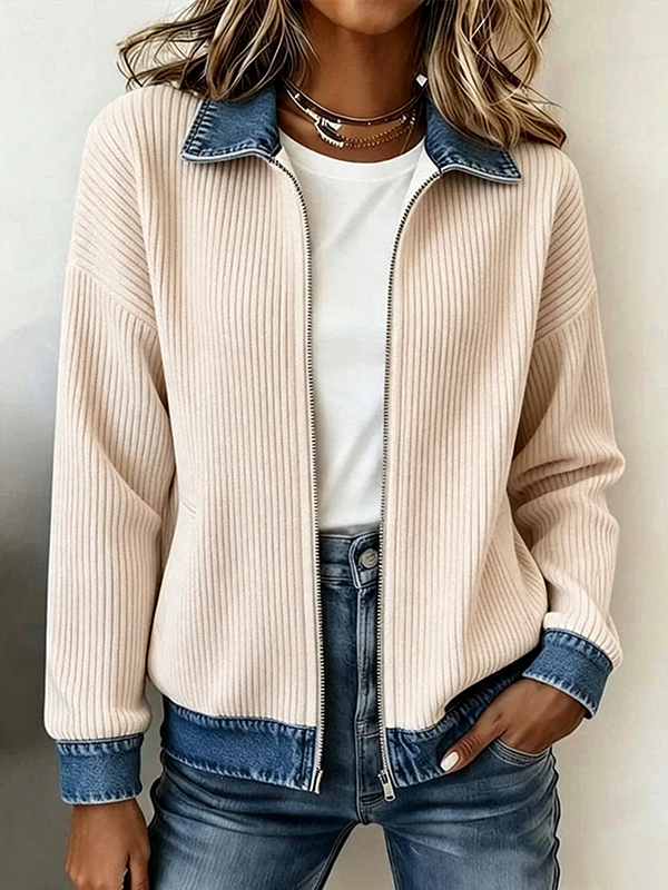 🎁New Arrivals 🔥Women's Casual Ribbed Knit Zip-Up Jacket with Contrast Denim Details