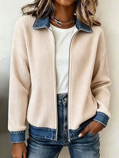 🎁New Arrivals 🔥Women's Casual Ribbed Knit Zip-Up Jacket with Contrast Denim Details
