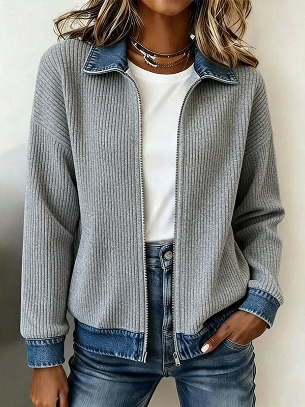 🎁New Arrivals 🔥Women's Casual Ribbed Knit Zip-Up Jacket with Contrast Denim Details