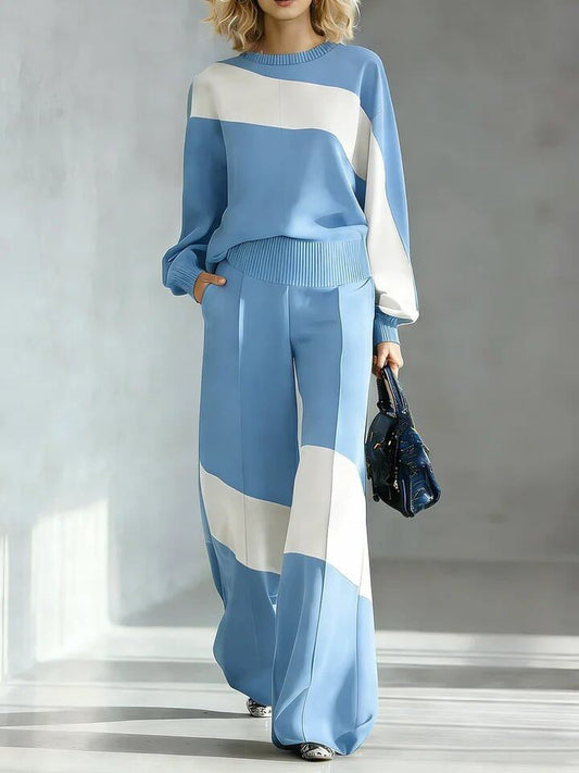 💙 Women’s Casual Irregular Color Block Set Long Sleeve Top & Wide Leg Pants Two-Piece Outfit
