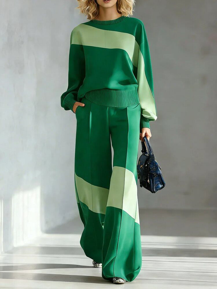 💙 Women’s Casual Irregular Color Block Set Long Sleeve Top & Wide Leg Pants Two-Piece Outfit