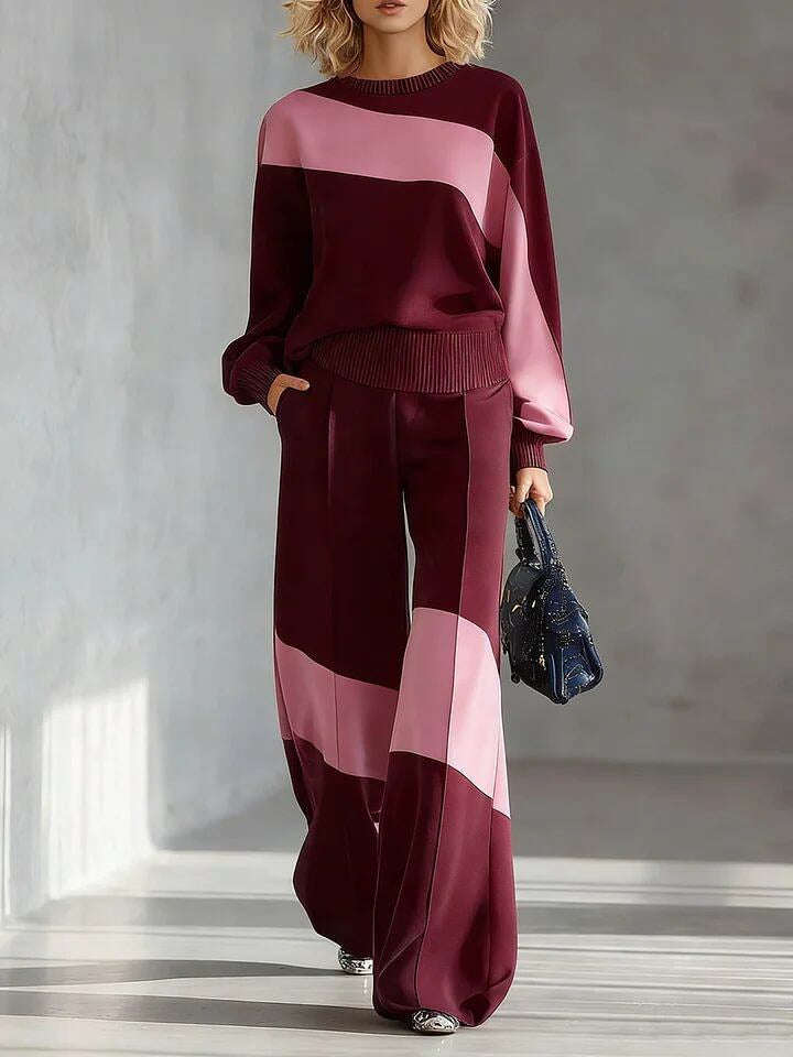 💙 Women’s Casual Irregular Color Block Set Long Sleeve Top & Wide Leg Pants Two-Piece Outfit