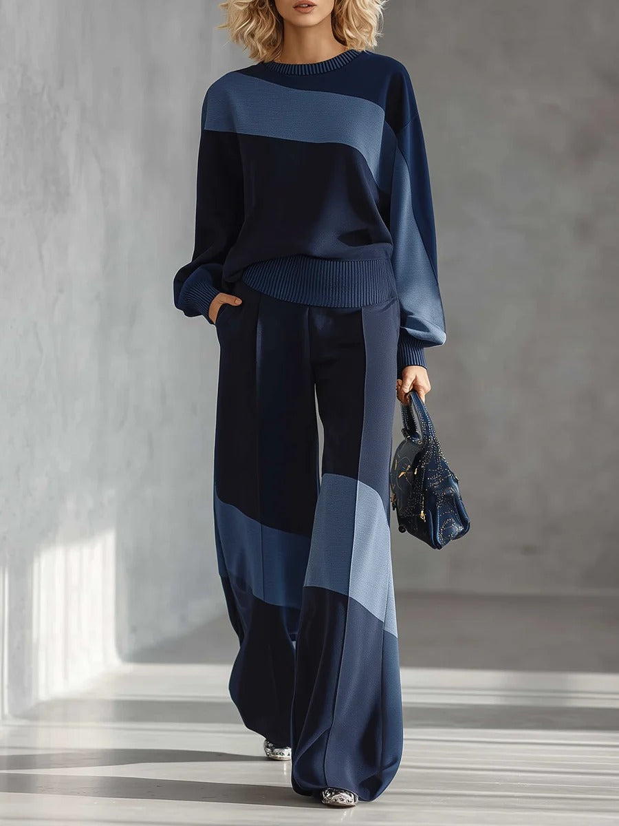 💙 Women’s Casual Irregular Color Block Set Long Sleeve Top & Wide Leg Pants Two-Piece Outfit
