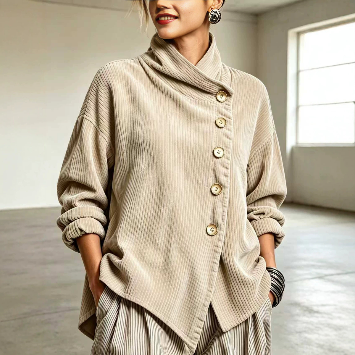 🌿🌿LAST DAY SAVE 49%🔥Chic High Funnel Neck Asymmetric Corduroy Top