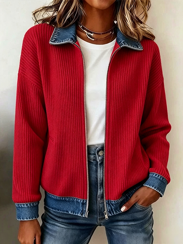 🎁New Arrivals 🔥Women's Casual Ribbed Knit Zip-Up Jacket with Contrast Denim Details