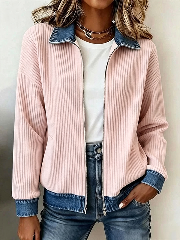 🎁New Arrivals 🔥Women's Casual Ribbed Knit Zip-Up Jacket with Contrast Denim Details