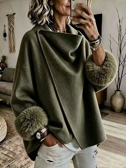 🌿🌿LAST DAY SAVE 49%🔥Cozy Faux Fur Cuff Asymmetric Wool-Blend Jacket