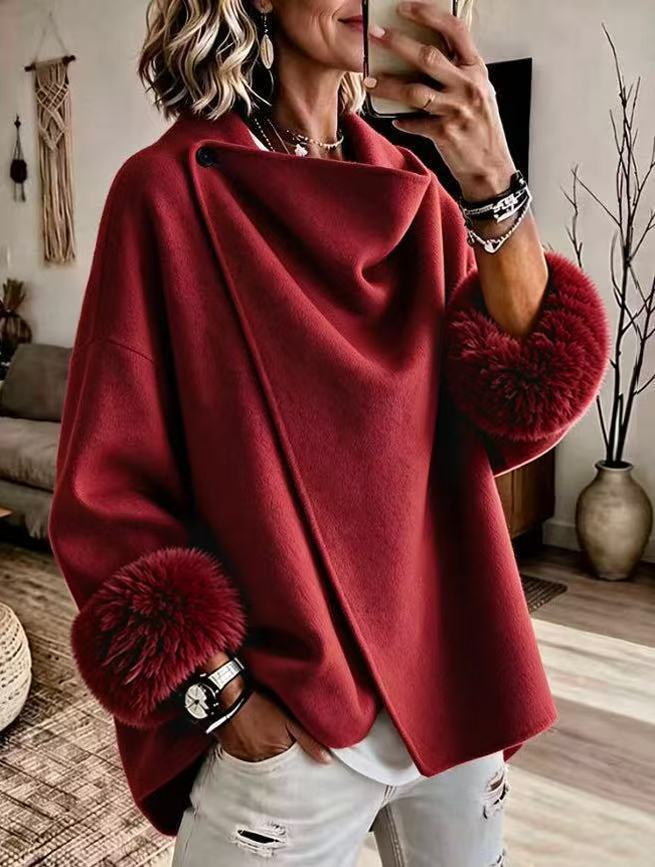 🌿🌿LAST DAY SAVE 49%🔥Cozy Faux Fur Cuff Asymmetric Wool-Blend Jacket