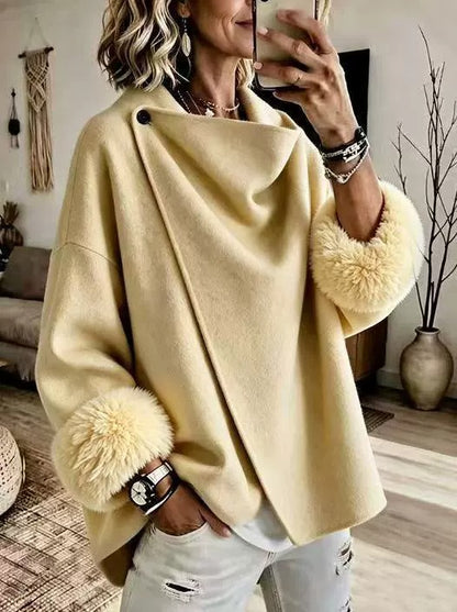🌿🌿LAST DAY SAVE 49%🔥Cozy Faux Fur Cuff Asymmetric Wool-Blend Jacket