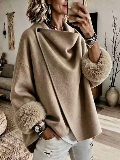 🌿🌿LAST DAY SAVE 49%🔥Cozy Faux Fur Cuff Asymmetric Wool-Blend Jacket