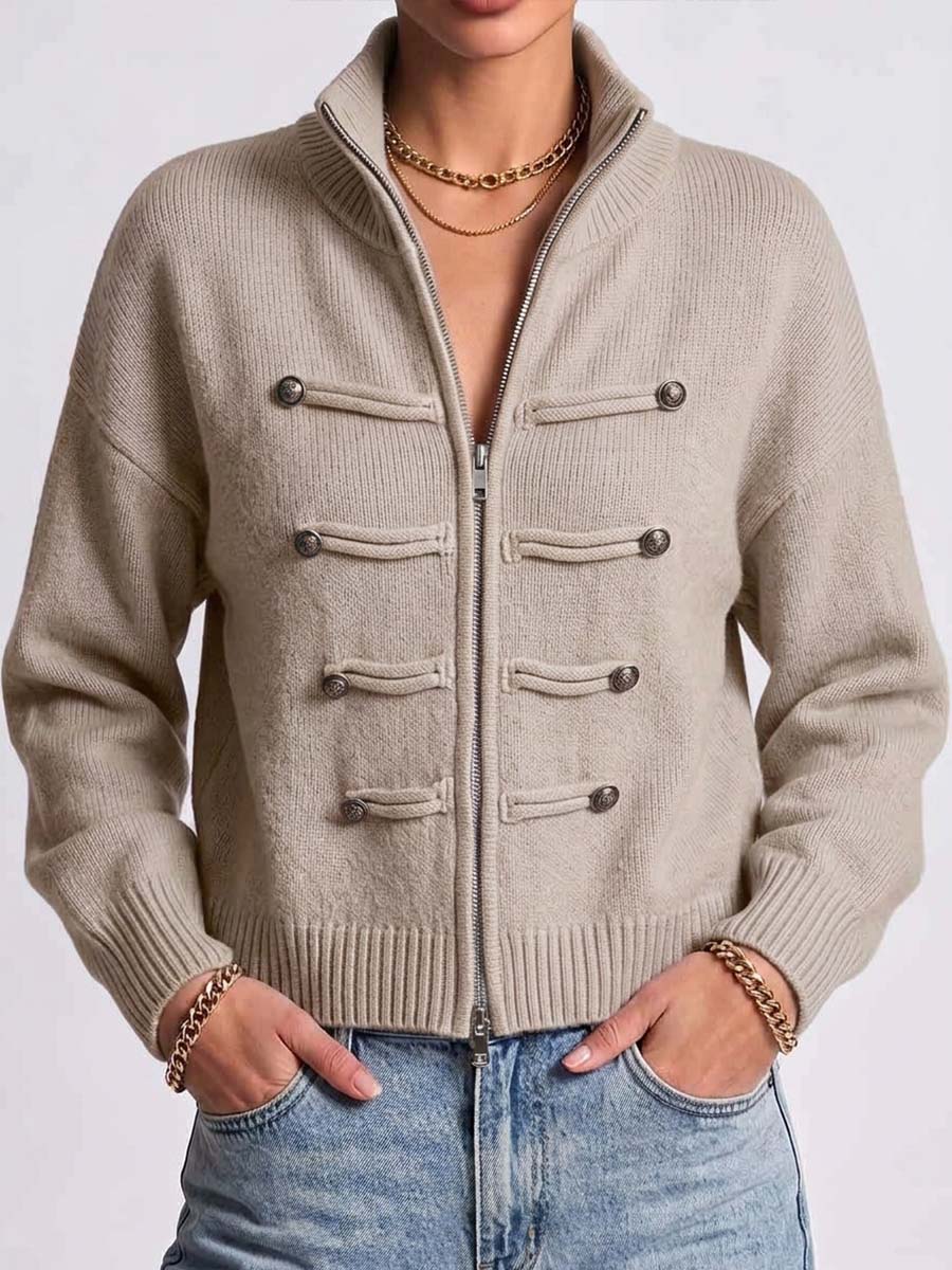 🌿🌿LAST DAY SAVE 49%⌛Women's Solid Color Stand Collar Long Sleeve Casual Loose Knit Cardigan