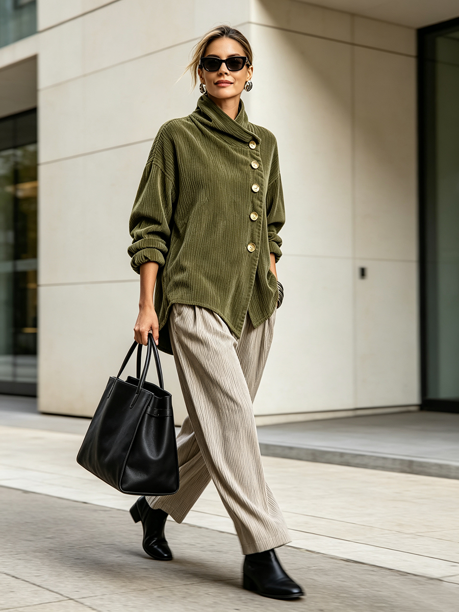🌿🌿LAST DAY SAVE 49%🔥Chic High Funnel Neck Asymmetric Corduroy Top