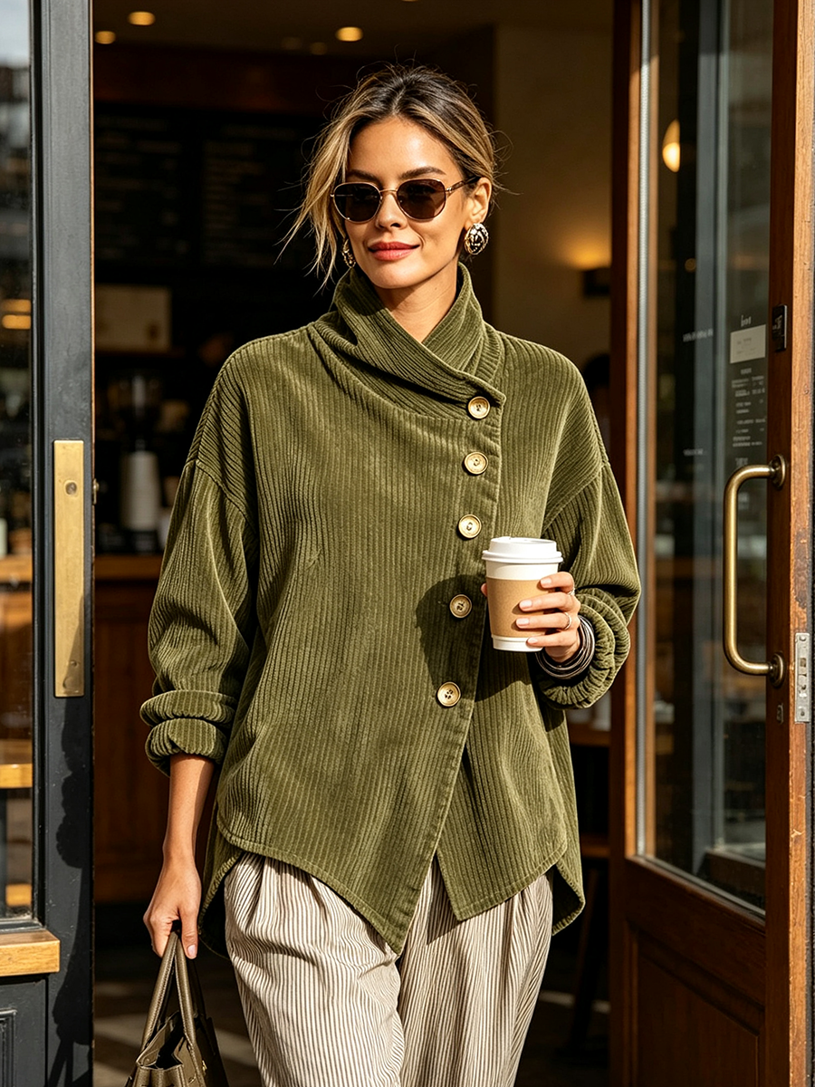 🌿🌿LAST DAY SAVE 49%🔥Chic High Funnel Neck Asymmetric Corduroy Top