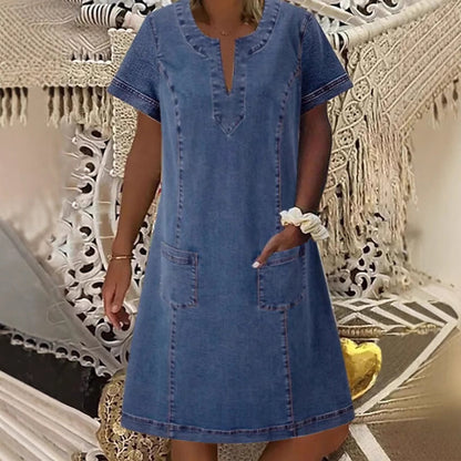 Women's Short Sleeve V-Neck Denim Dress | Casual Summer Style | S-3XL