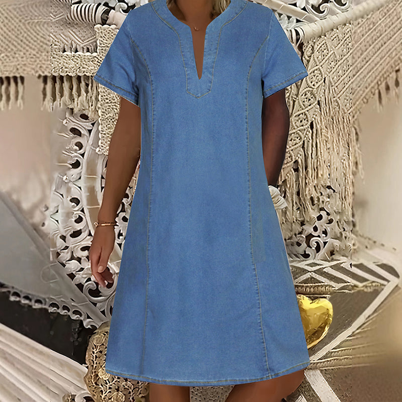 Women's Short Sleeve V-Neck Denim Dress | Casual Summer Style | S-3XL