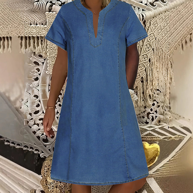 Women's Short Sleeve V-Neck Denim Dress | Casual Summer Style | S-3XL