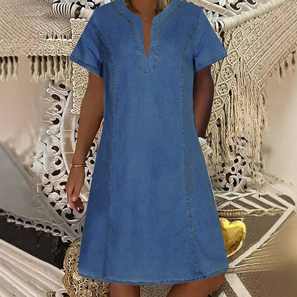 Women's Short Sleeve V-Neck Denim Dress | Casual Summer Style | S-3XL