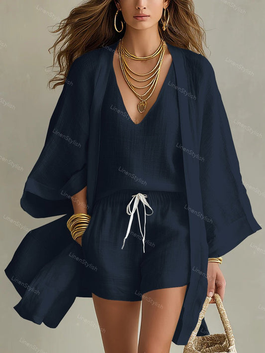 Casual Loose Cotton Linen Mid-length Cardigan Sleeveless Vest Shorts Three-piece Set